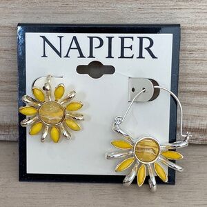 Asymmetrical Sunflower Yellow Earrings with Silver Accents clip and hoop